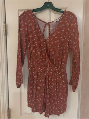 American Eagle Outfitters Rust Floral Wrap-Front Long Sleeve shorts romper